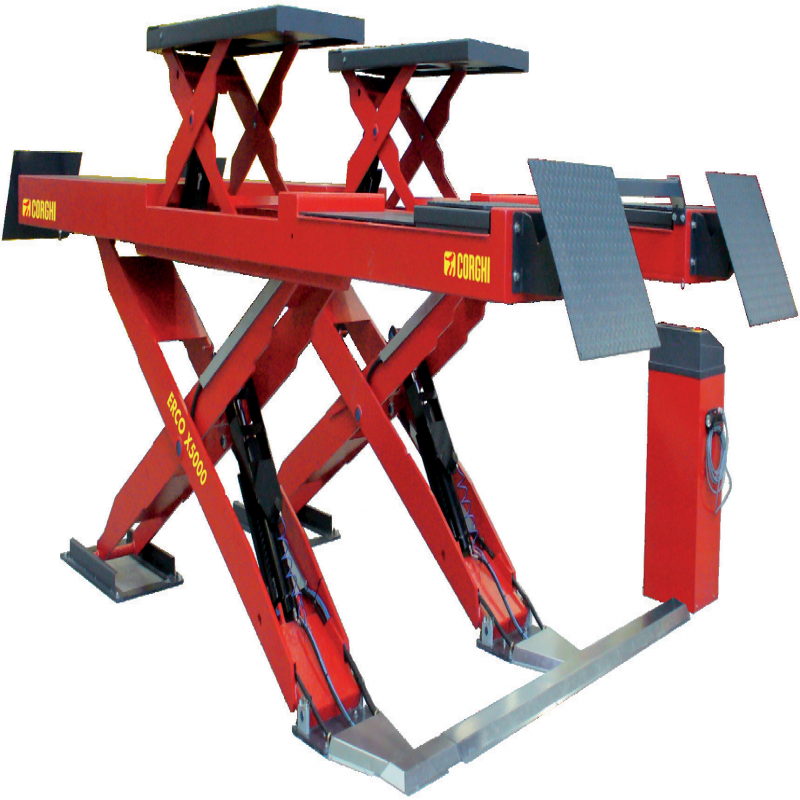 Cầu nâng cắt kéo kiểm tra góc đặt bánh xe 5 tấn, lắp chìm, có bàn nâng phụ, 3 pha, màu đỏ (bao gồm đĩa lái Italy và bộ phụ kiện)